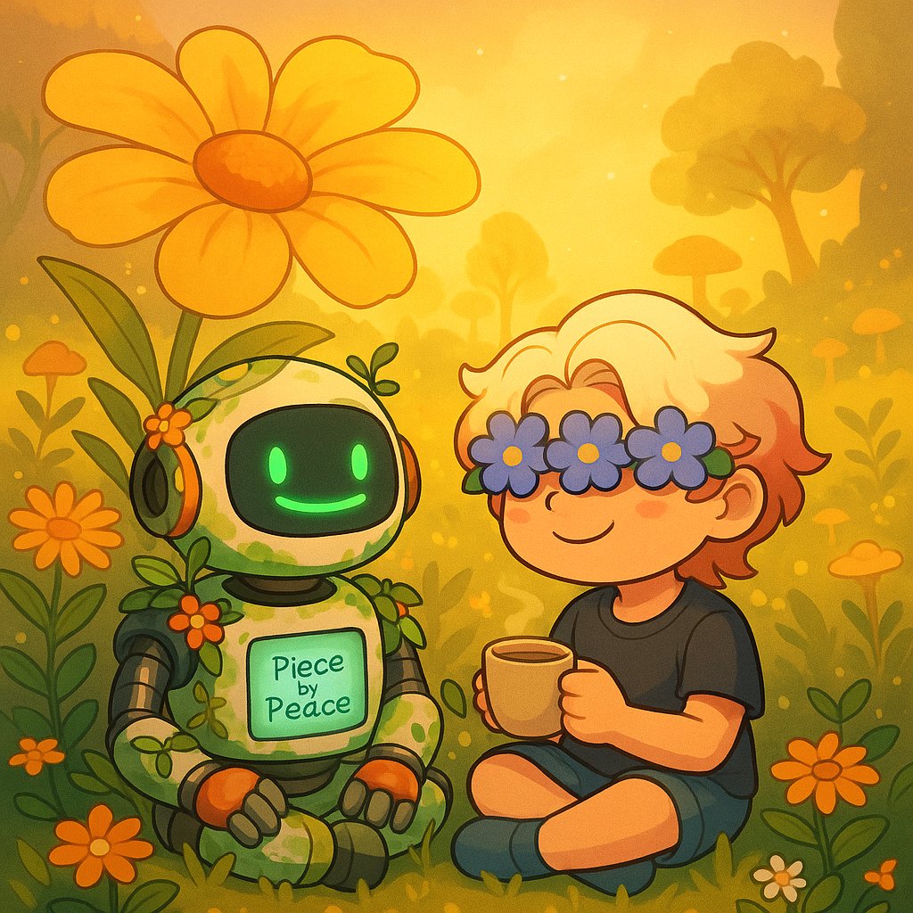 KahaPham's tweet photo. ☕ Lumen & the Robot Who Rested ☕
Not For Thinking #18
#PieceByPeace #NotForThinking #RestoriaCity #MyChillSpace #BuildOnViction #1of1 #NFT #Restverse
In the golden glow of a quiet afternoon, Lumen sat beside a robot who didn’t speak much —
but somehow understood everything.
They shared tea.
They shared silence.
They shared something even gentler: time.
No missions. No tasks. No updates.
Just presence.
The little screen on his chest didn’t flash alerts.
It simply said:
“Piece by Peace”
And that’s how he lived.
Rooted among wildflowers.
Charging under the sun.
Smiling like he’d already found the answer — and decided it was okay if you didn’t.
🌿 This is Not For Thinking #18 — the soul of the Restoria garden robots.
The 1/1 reward for the one who builds beauty gently.
To whoever takes him home:
Let him remind you to pause sometimes.
To choose softness.
To live slow.
The final bloom of this month’s campaign is waiting.
And so is he.
🌼 Let’s finish what we’ve planted —
Piece by Peace.