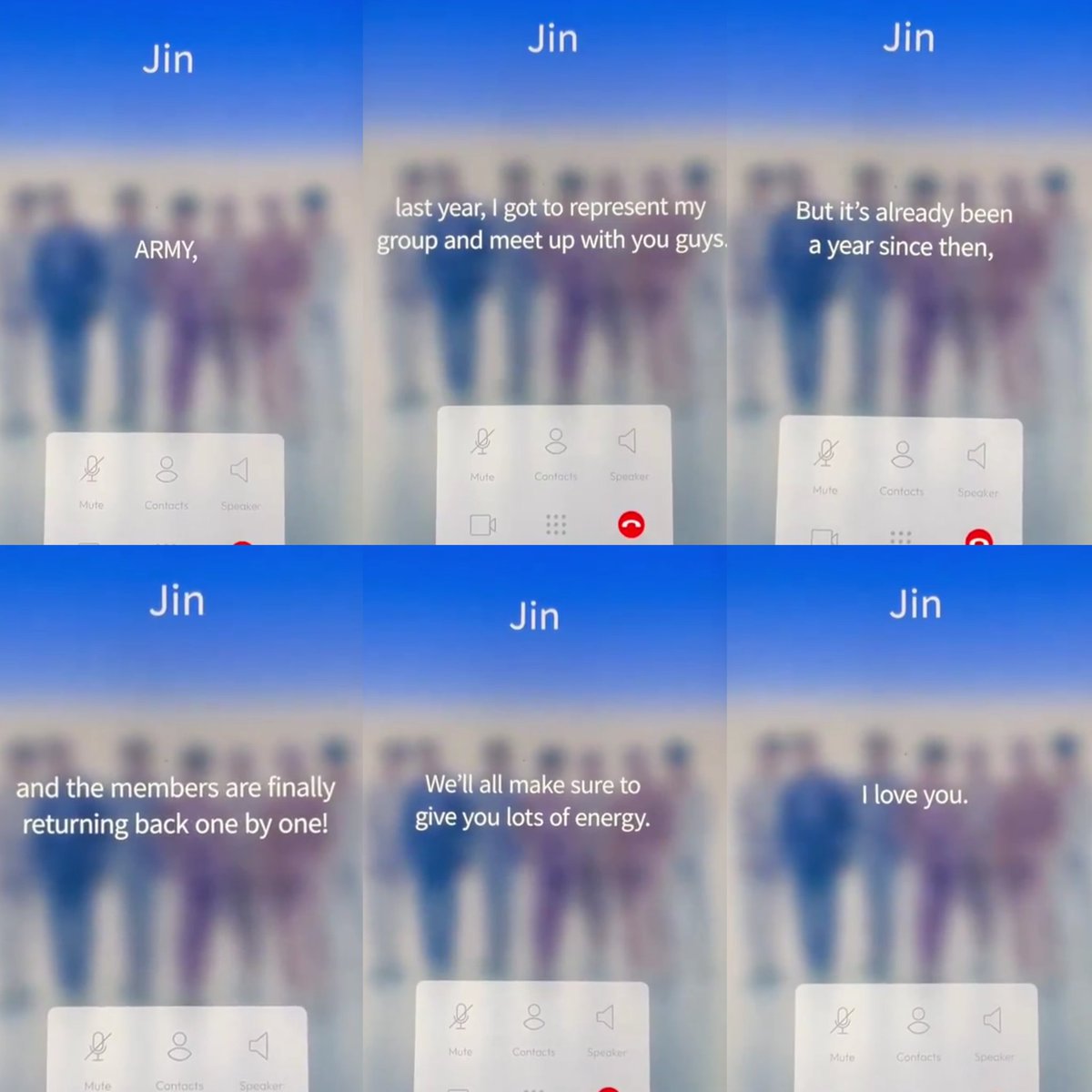 winnttaebear's tweet photo. Jin: ARMY, last year, i got to represent my group and meet up with you guys. But its already been a year since then, and the members are finally returning back one by one. Well all make sure to give you lots of energy. I love you. https://t.co/0uxWW1I9KJ