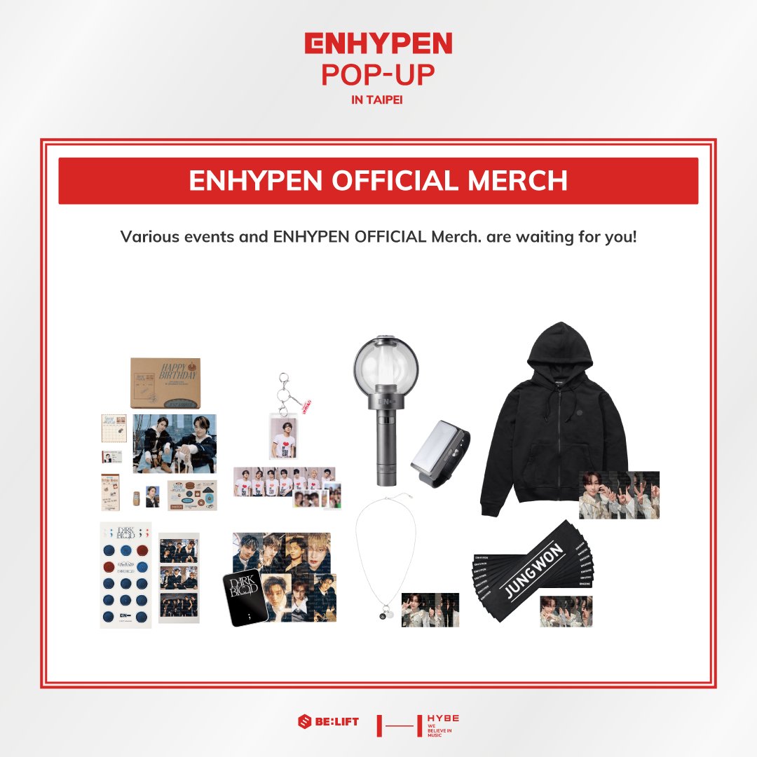 KPOPMERCH_POPUP's tweet photo. ENHYPEN POP-UP in TAIPEI

📢MERCH LIST

來這裡不僅能遇見<WALK THE LINE>限定商品、獨家周邊，還有超多 ENHYPEN 官方精品🔥
ENGENE千萬別錯過，一起逛爆吧😉🛍️✨

Not only can you find exclusive WALK THE LINE merch and limited-edition items here, but also tons of official ENHYPEN goods! 🔥
ENGENE, don’t miss out — come shop your heart out with us! 😉🛍️✨

📅2025.06.20 - 2025.07.20
⏰11:10 – 21:10 / 21:40（TST）
📍BREEZE CENTER, GF

#엔하이픈 #ENHYPEN 
#ENHYPEN_POP_UP