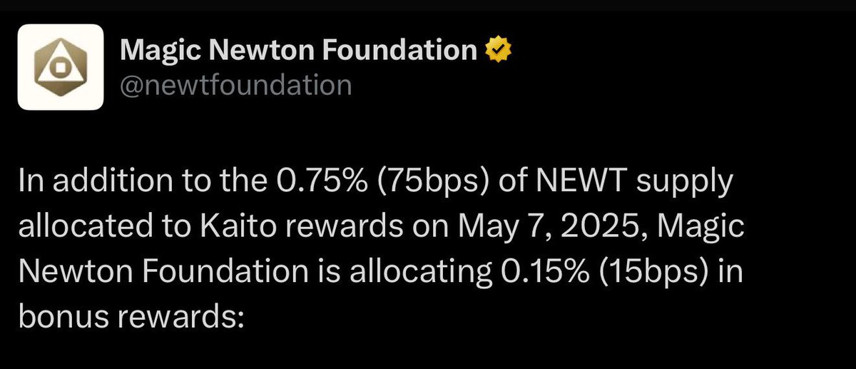 I will yap I will yap I will yap  ooo

If I don’t yap
So apparently, <a href="/newtfoundation/">Magic Newton Foundation</a> just added another 0.15% of token supply to the initial 0.75% by <a href="/MagicNewton/">Newton</a> 

Making it a total of 0.9% $NEWT to Kaito yappers alone 🤯
Every interaction &amp; yapping will be considered 
<a href="/KaitoAI/">Kaito AI 🌊</a>