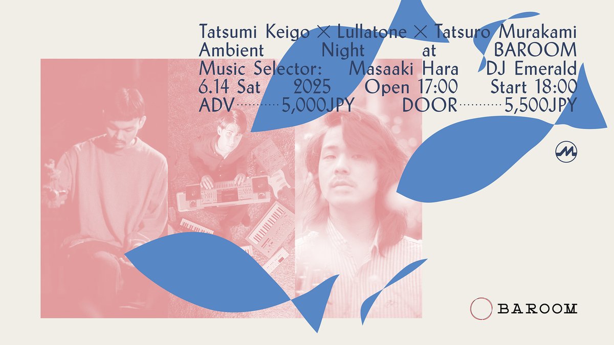 USの人気アンビエントレーベル @mysterycircles のレーベル所属アーティスト3人によるスペシャルイベントが、明日南青山BAROOMで開催されます。
never young beachのベーシストとして知られる keigo tatsumi, 名古屋の大御所アンビエント作家Lullatone、ブラジルで音楽を学んだ異色のギタリストTatsuro