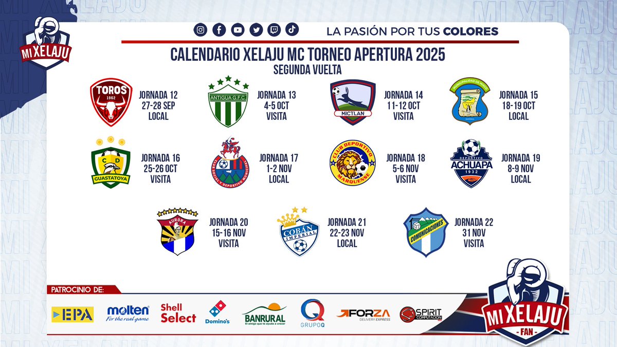 ¡ASI EL CALENDARIO DE LOS CHIVOS!

Te compartimos el orden y fechas de cada una de las 22 jornadas de Xelaju MC para el Apertura 2025. Pendiente día especifico y horario.

#XelajuMC #Fútbol #Guatemala #LNFG #Xela #Quetzaltenango #FYP #Viral #Superchivos #Apertura2025