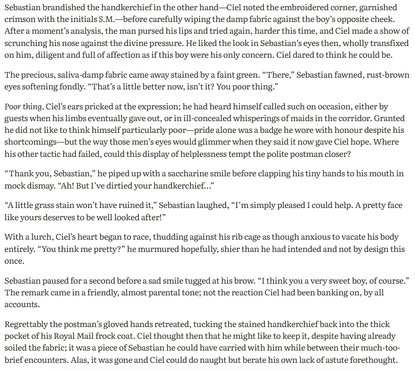 Feeling mischievous... here's a sneak peak of my stalker Ciel fic in which a noble boy latches onto the postman and will do anything to have the man in his bed - even if he must do so by force 🥰