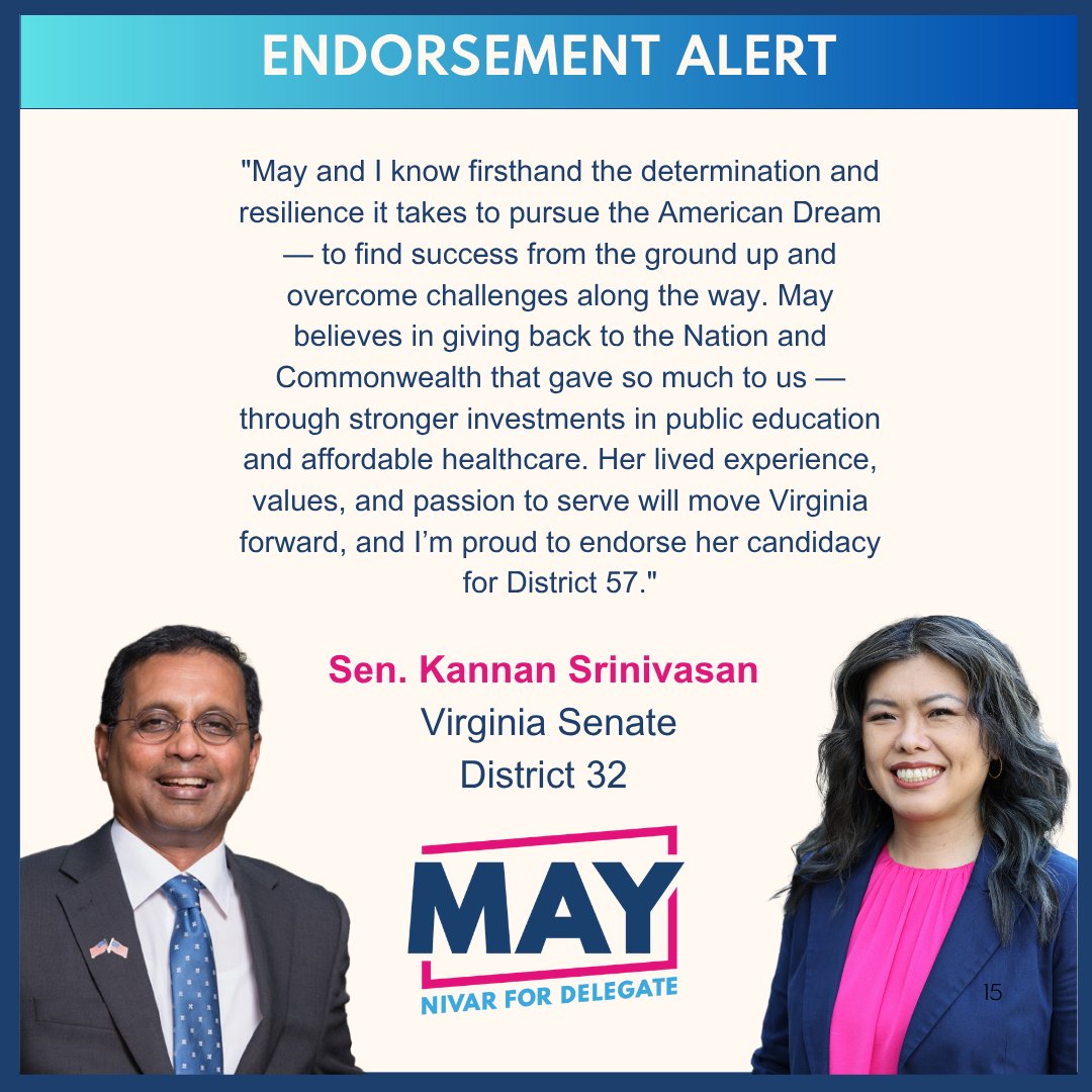 May Nivar (@mayforva) on Twitter photo .<a href="/Kannanforva/">Senator Kannan Srinivasan</a> is a proven leader who has never been afraid to take on tough fights. I'm proud to earn his support! .<a href="/Kannanforva/">Senator Kannan Srinivasan</a> is a proven leader who has never been afraid to take on tough fights. I'm proud to earn his support!