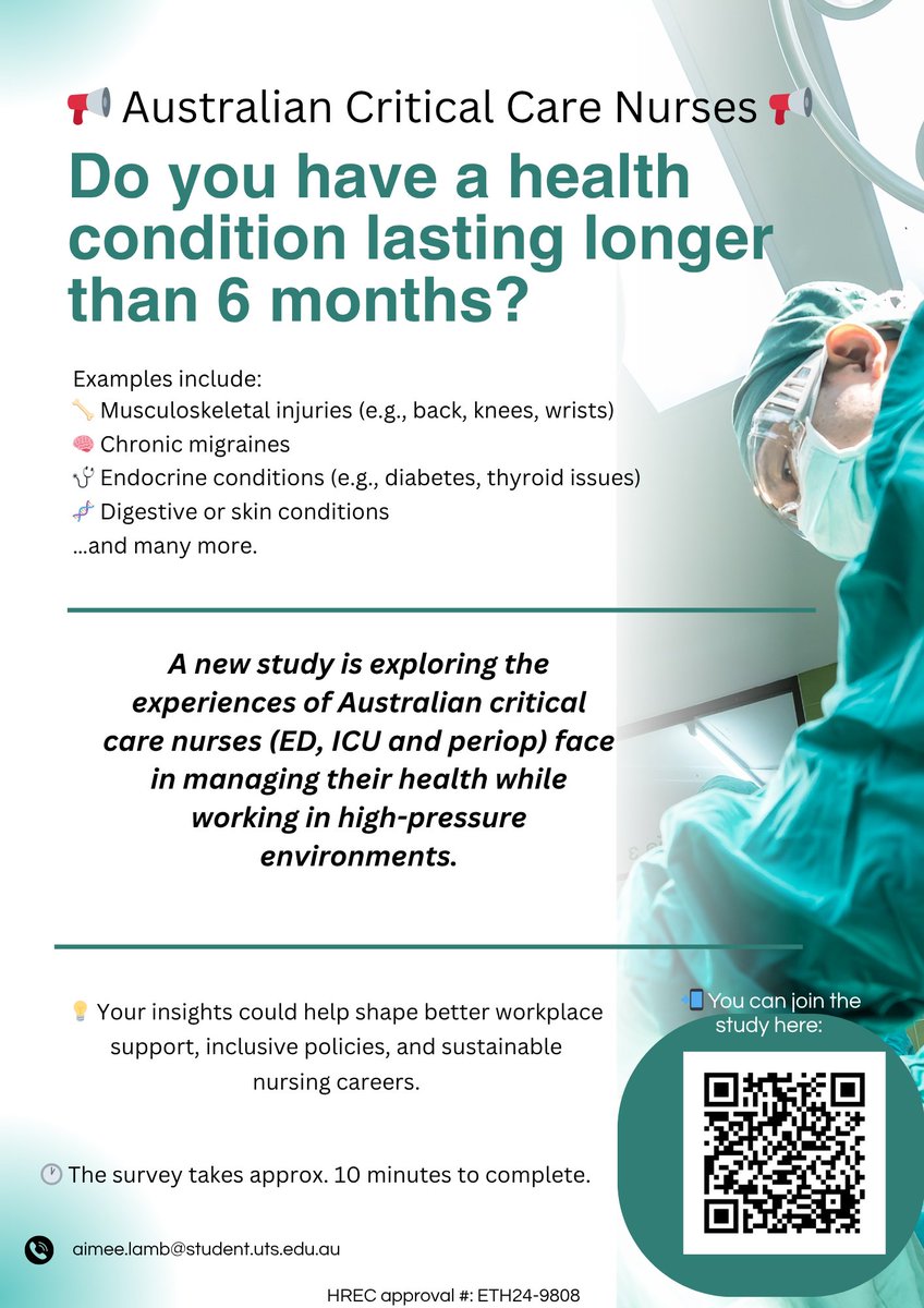 🩺 Are you a critical care nurse living with a physical health condition that’s lasted 6+ months?

We want to hear from you! 💬

Take our short survey to help shape better support for nurses like you. 

🔗utsau.au1.qualtrics.com/jfe/form/SV_3a… 
#NursingResearch #CriticalCare #ChronicIllness