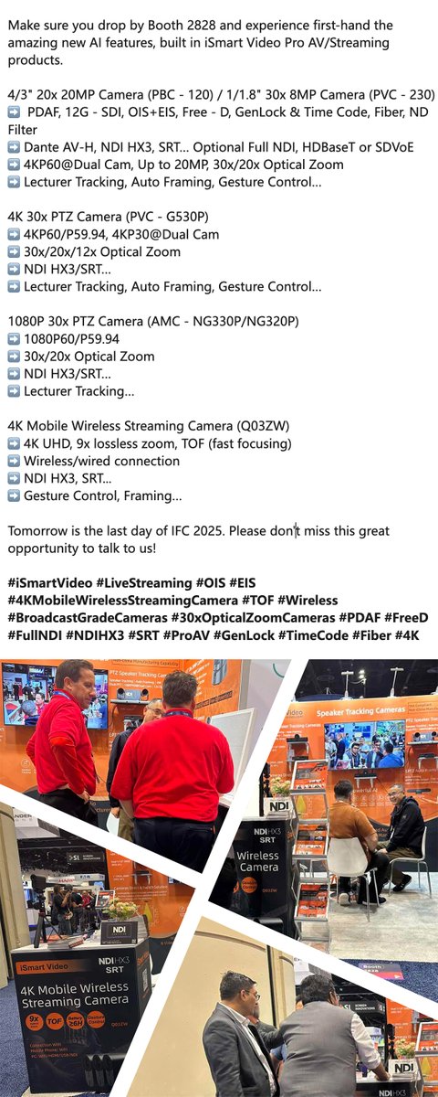 VideoIsmart's tweet photo. Make sure you drop by Booth 2828 and experience first-hand the amazing new AI features, built in iSmart Video Pro AV/Streaming products.

4/3" 20x 20MP Camera (PBC - 120) / 1/1.8" 30x 8MP Camera (PVC - 230)
➡️  PDAF, 12G - SDI, OIS+EIS, Free - D, GenLock &amp; Time Code, Fiber... https://t.co/SEtcujqsLV