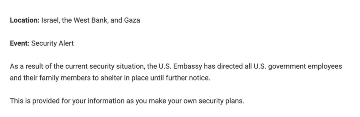 AlertaNews24's tweet photo. 🇺🇸🇮🇱🇮🇷 | URGENTE: Como resultado de la actual situación de seguridad, la Embajada de Estados Unidos ha ordenado a todos los empleados del gobierno de Estados Unidos y sus familiares en Israel que se resguarden en sus hogares hasta nuevo aviso. https://t.co/ugZvVbdL8u