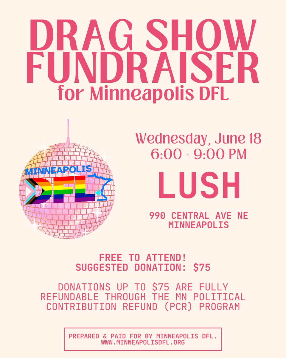 Join us next week for a fabulous DFL Drag Fundraiser! Don’t miss the fun, the fierce performances, and the chance to make a difference! 🌈✨ 
Register today: mobilize.us/dfl/event/7694…