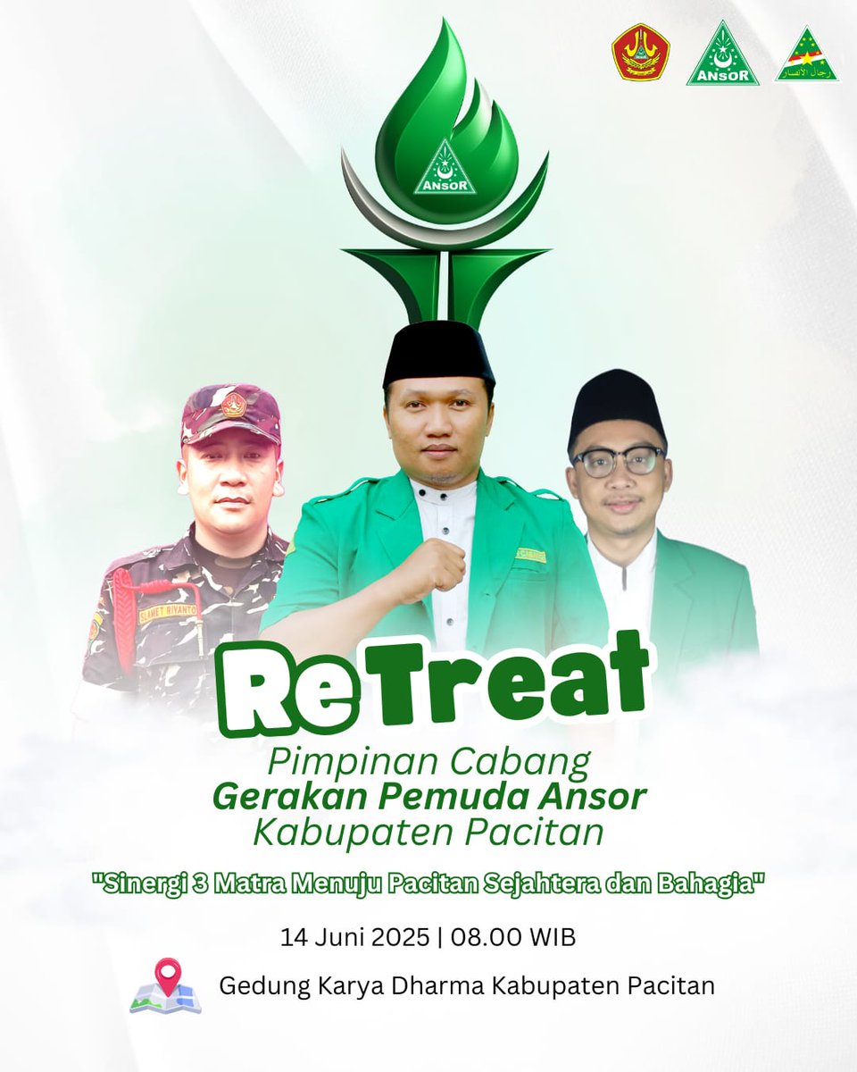 Retreat!

Pimpinan Cabang Gerakan Pemuda Ansor Kabupaten Pacitan "Sinergi 3 Matra Menuju Pacitan Sejahtera dan Bahagia"

Gedung Karya Dharma, Sabtu 14 Juni 2025

#AnsorBanserPacitan 
#RetreatAnsorPacitan