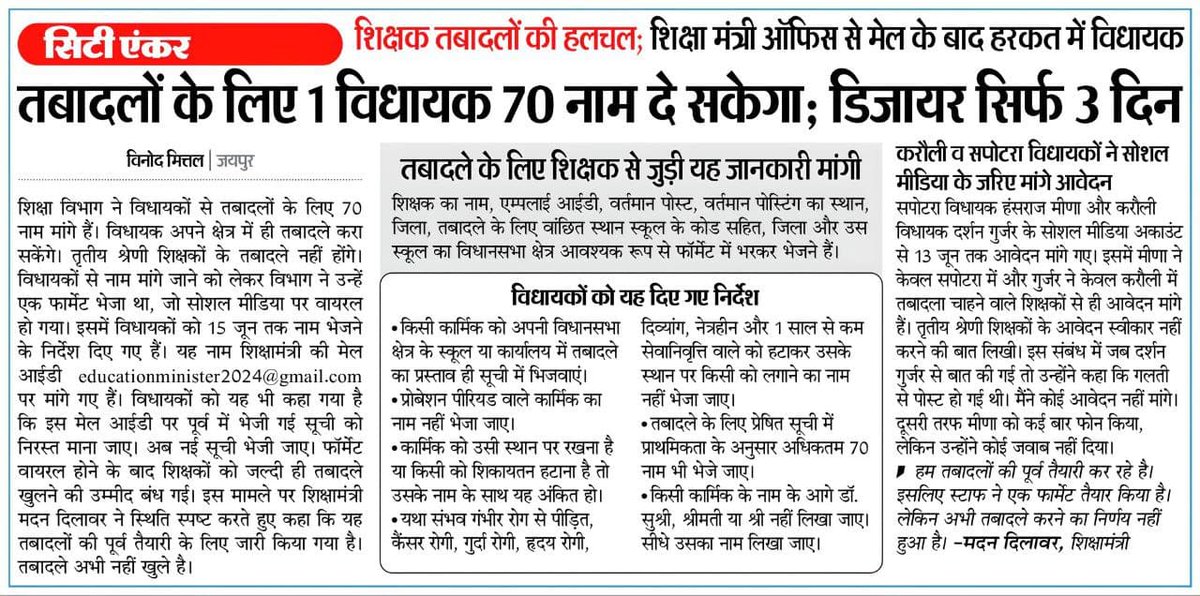 3rd ग्रेड के परिवार ने सरकार बनाने में सहयोग किया फिर इनके ट्रांसफर क्यों नहीं? बाकी के तो कई बार हो चुके है।
#तृतीय_श्रेणी_स्थानांतरण   #ट्रांसफर_नीति_एक_जुमला #जुमला_मंत्री_मुर्दाबाद     
<a href="/RSSorg/">RSS</a>    <a href="/1stIndiaNews/">First India News</a> <a href="/BhajanlalBjp/">Bhajanlal Sharma</a> <a href="/madandilawar/">Madan Dilawar</a> <a href="/DrKirodilalBJP/">Dr. Kirodi Lal Meena</a> <a href="/zeerajasthan_/">ZEE Rajasthan</a>