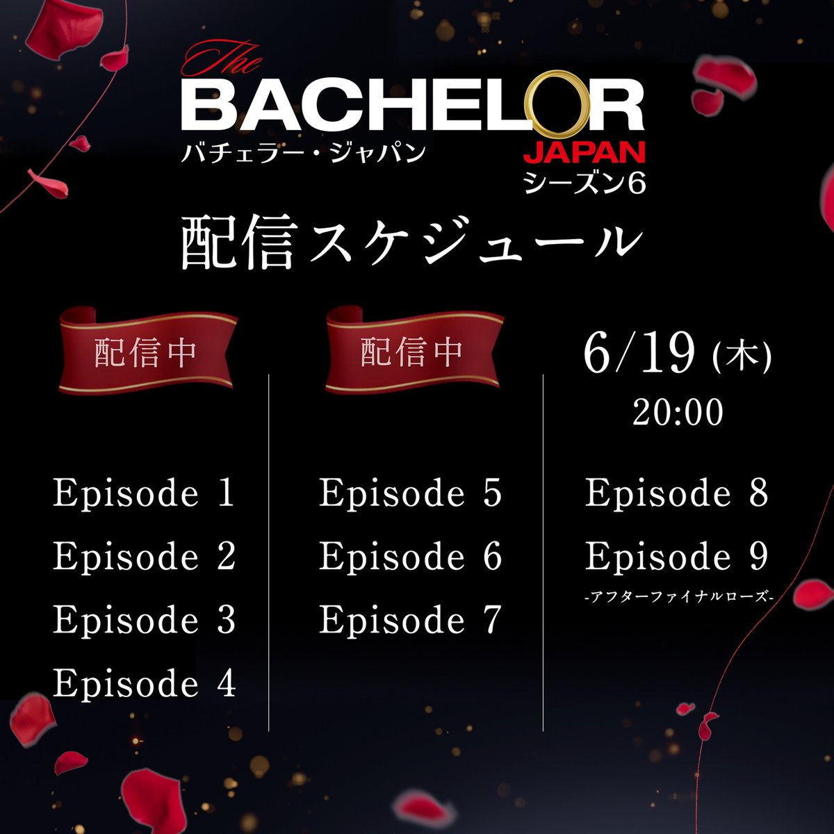 BachelorJapan's tweet image. ▌#バチェラー6 配信スケジュール🌹
꧁ 𝐄𝐩𝐢𝐬𝐨𝐝𝐞𝟏-𝟕まで配信中 ꧂

次回は､6月19日(木) 20:00配信💍
￣V￣￣￣￣￣￣￣￣￣￣￣￣￣￣￣