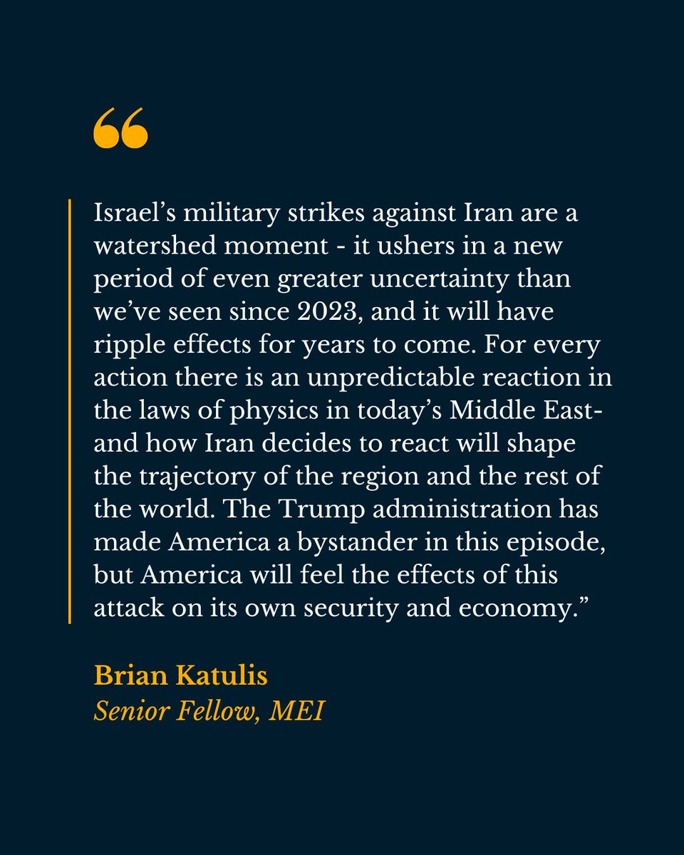 Middle East Institute (@middleeastinst) on Twitter photo Israel has confirmed it carried out strikes on Iranian nuclear sites. We will be sharing ongoing reactions here as more MEI scholars weigh in with expert analysis and context on this fast-moving situation. <a href="/Charles_Lister/">Charles Lister</a> <a href="/Katulis/">Brian Katulis</a> Israel has confirmed it carried out strikes on Iranian nuclear sites. We will be sharing ongoing reactions here as more MEI scholars weigh in with expert analysis and context on this fast-moving situation. <a href="/Charles_Lister/">Charles Lister</a> <a href="/Katulis/">Brian Katulis</a>