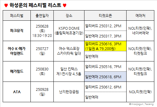 페스티벌 왕자 하성운의 열일덕분에 혼란한 하늘이 정리한 공연 리스트
#하성운 #페스티벌