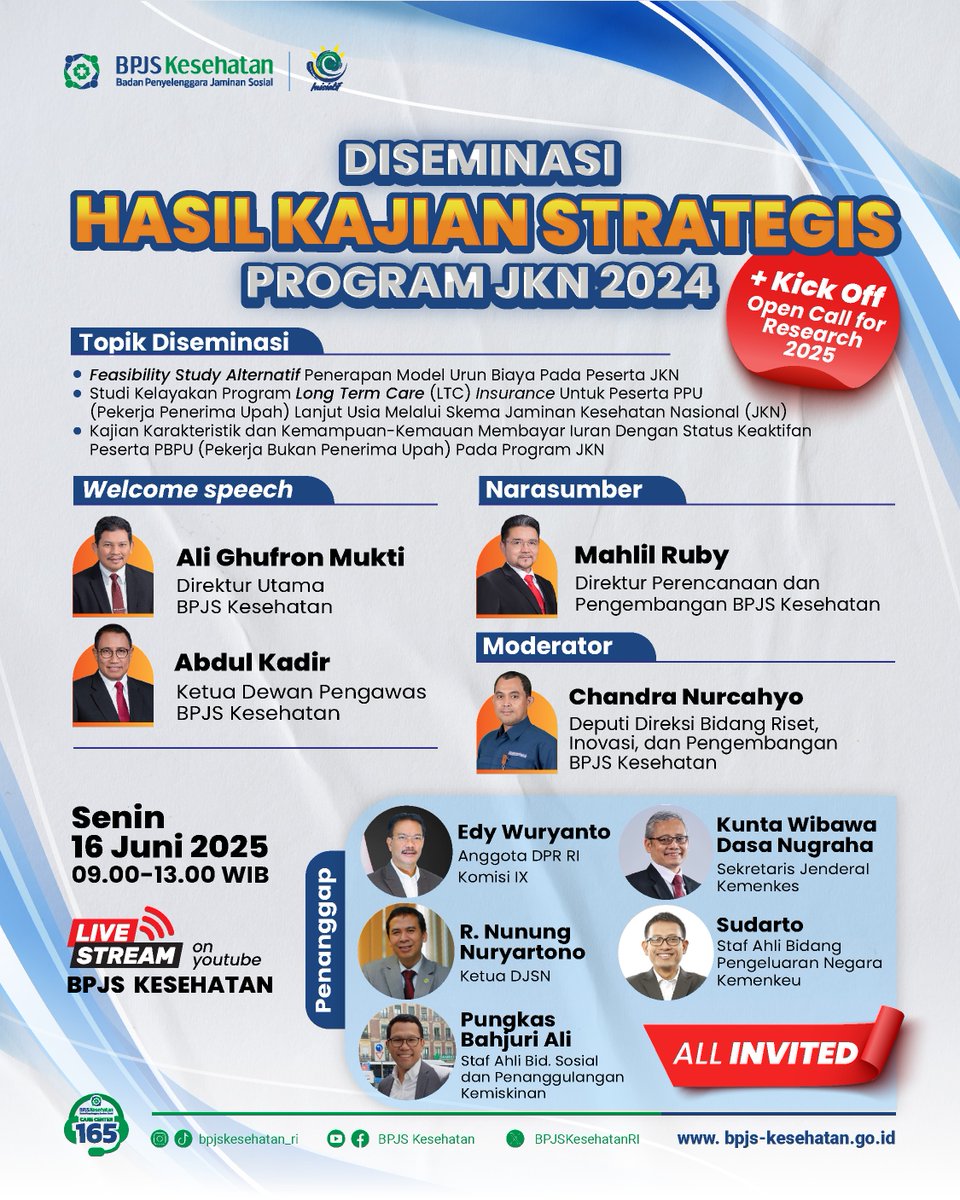 Saksikan secara langsung Acara "Diseminasi Hasil Kajian Strategis Program JKN 2024 dan Kick Off Open Call For Research 2025" di kanal YouTube resmi BPJS Kesehatan

Hari/Tanggal: Senin, 16 Juni 2025
Waktu: 09:00 - 13:00 WIB

Link YouTube: cutt.ly/xrQxEygr