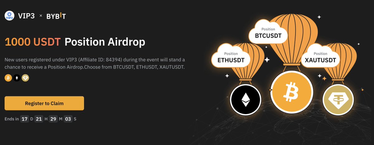 🎉 Exciting news! We're launching the VIP3 x Bybit 1000 USDT Position Airdrop Campaign! <a href="/Bybit_Official/">Bybit</a> 

🧧 Register now to claim your 1000 USDT reward (for new registrants): bybit.com/en/airdrop-act…

👉 Additionally, enjoy a 40% cashback on Bybit trading fees for everyone. Click