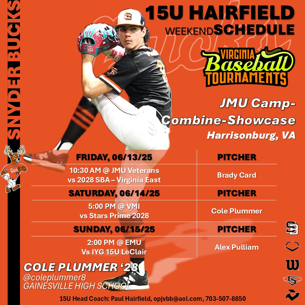 Snyder Baseball (@snyderbaseball) on Twitter photo ⚾️Snyder Bucks 15U Hairfield Weekend Schedule
Check out our games for the weekend at the <a href="/vabaseballtourn/">VABaseballTourneys</a> JMU Showcase. '28 Brady Card <a href="/bradycard2/">Brady Card</a> gets the nod to start Game 1.
⚾️🦌Good Luck BUCKS🦌⚾️ ⚾️Snyder Bucks 15U Hairfield Weekend Schedule
Check out our games for the weekend at the <a href="/vabaseballtourn/">VABaseballTourneys</a> JMU Showcase. '28 Brady Card <a href="/bradycard2/">Brady Card</a> gets the nod to start Game 1.
⚾️🦌Good Luck BUCKS🦌⚾️