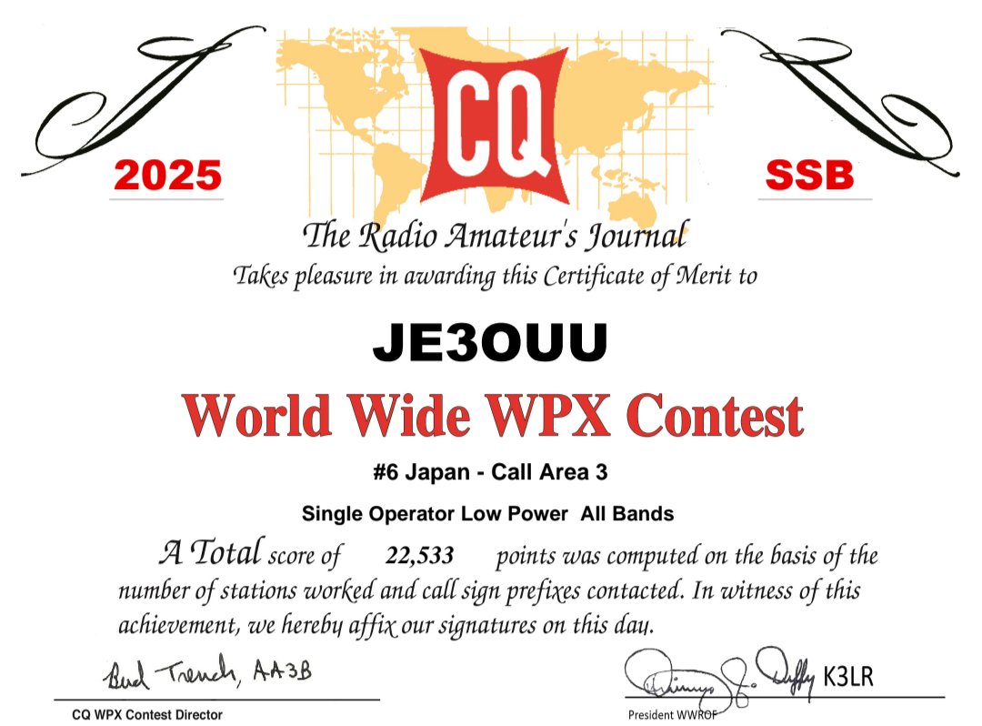 JE3OUUnew's tweet photo. Many Thanks for 😊🙏 🌍🌏🌎
#CQWW #WPX #Contest #SSB 2025

#QRV 28/21/14/7MHz  4 Bands 📡⚡️

Total 113 #QSOs ( Last year 57 QSOs )

New‼️ #DXCC YT !  now wkd 111/340🗺️🥰

#FT991A <= 100W + #DP #MobileWhip

See you again next time! 73 &amp; 88✨

JE3OUU / SHIN

#AmateurRadio
#HamRadio https://t.co/xbBqPFW7wb