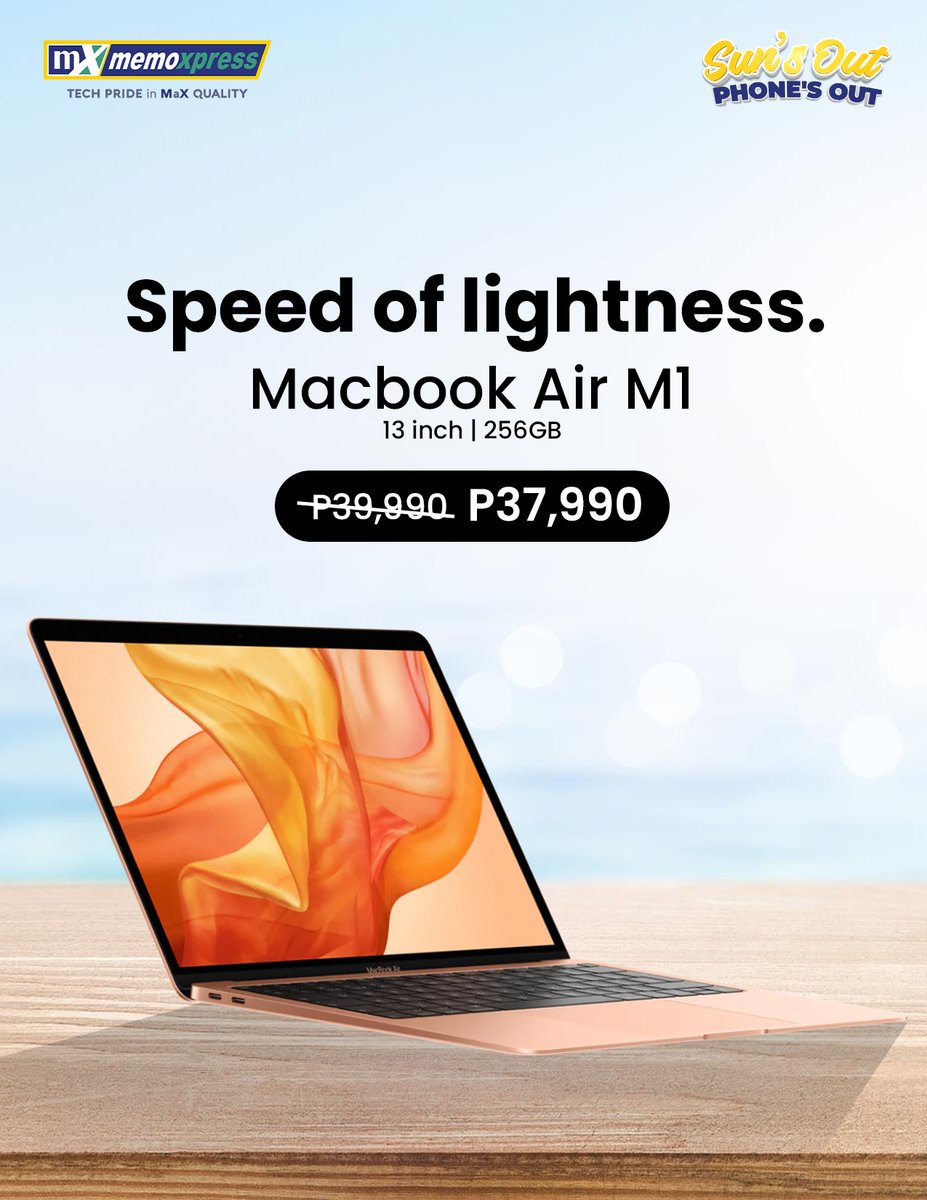 MemoXpress's tweet photo. UNLOCK ULTIMATE EFFICIENCY! 🚀 The MacBook Air M1 (13-inch, 256GB) offers the perfect blend of "Speed of lightness". Originally P37,990, now priced at just P39,990! Don't miss this limited-time opportunity.

Grab yours now!
MacBook Air M1: https://t.co/8FTQbpbBzD https://t.co/D2Bs4skBbe