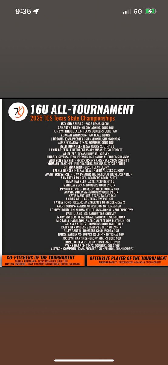 Addison Starrett (@starrettaddison) on Twitter photo Blessed to receive all tournament team at the Texas State Championships!!
<a href="/Trisha_Ford/">Trisha Ford</a>
<a href="/HalleHarger/">Halle Harger</a>
<a href="/becca_Mueller01/">Becca Owens</a>
<a href="/JoelWorthington/">Joel Worthington</a>
<a href="/DfwSho/">DFW Sho'Case</a>
<a href="/softballdown/">Down South Softball</a>
<a href="/mayliebpitching/">Maylie Corbitt- Pitching Instructor</a>
<a href="/FCARCorbitt/">Firecrackers Arkansas Corbitt 27/28</a> Blessed to receive all tournament team at the Texas State Championships!!
<a href="/Trisha_Ford/">Trisha Ford</a>
<a href="/HalleHarger/">Halle Harger</a>
<a href="/becca_Mueller01/">Becca Owens</a>
<a href="/JoelWorthington/">Joel Worthington</a>
<a href="/DfwSho/">DFW Sho'Case</a>
<a href="/softballdown/">Down South Softball</a>
<a href="/mayliebpitching/">Maylie Corbitt- Pitching Instructor</a>
<a href="/FCARCorbitt/">Firecrackers Arkansas Corbitt 27/28</a>