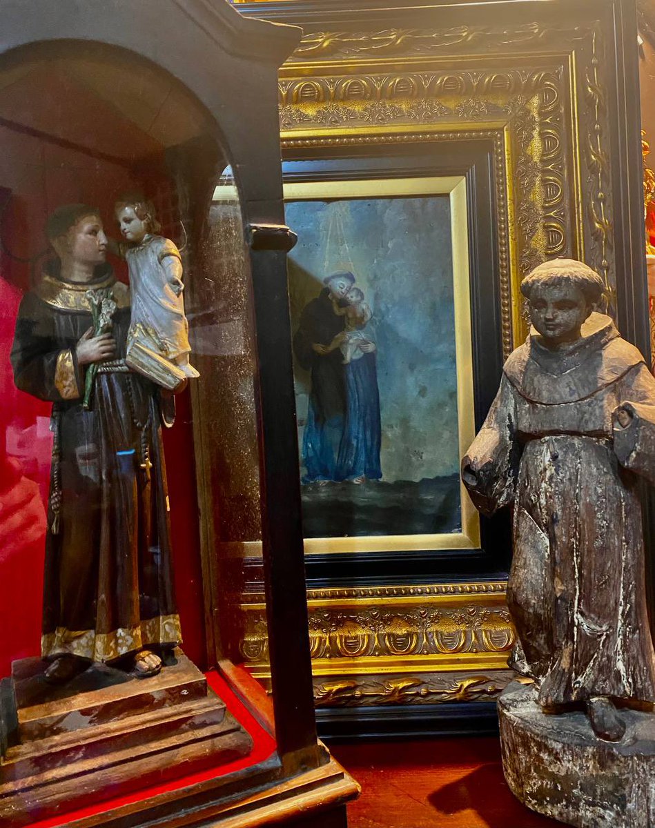 A trio of San Antonios. (L-R)
Pre-war possibly from a Manila talleres, 19th Century oil on metal sheet painting from Spain, 19th century wood from Sariaya, Quezon. June 13, Feast of St. Anthony of Padua.