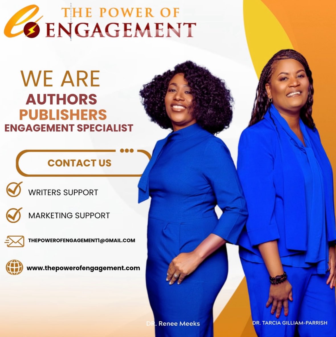 Dr. Renee Meeks &amp; Dr. Tarcia Gilliam-Parrish are now providing writing support and publishing services for authors who are ready to tell their story! 

Together, we ENGAGE, EMPOWER, and ELEVATE.

#ThePowerOfEngagement #LeadWithPurpose #DreamBoldly