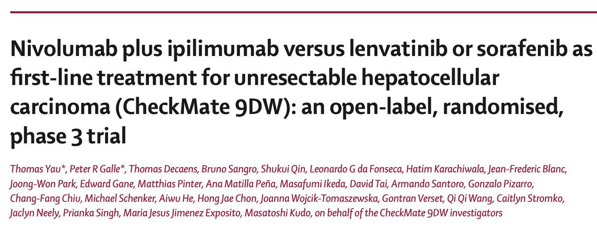 📊 CheckMate 9DW changes the HCC landscape.

In this global phase 3 RCT (n=668), nivolumab + ipilimumab demonstrated a median OS of 23.7 mo vs 20.6 mo with lenvatinib or sorafenib in first-line uHCC (HR 0.79; p=0.018).
36-mo OS: 38% vs 24%
ORR: 36% vs 13%
Median DoR: 30.4 mo vs