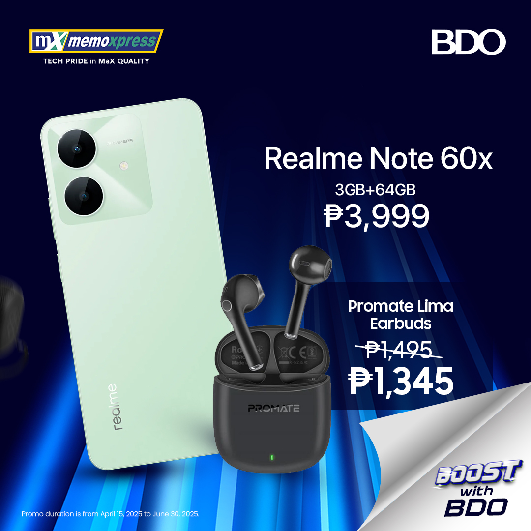 MemoXpress's tweet photo. Get the Realme Note 60x (3GB+64GB) for just ₱3,999! 🚀📱 Upgrade your audio experience with Promate Lima Earbuds 🎧✨ now at P1,345 when using your BDO credit card! 💳

 Promo runs from April 15 to June 30, 2025! ⏳

#MemoXpress #RealmeNote60x #PromateLima  #BDOExclusive https://t.co/s7Pfc8IXGV