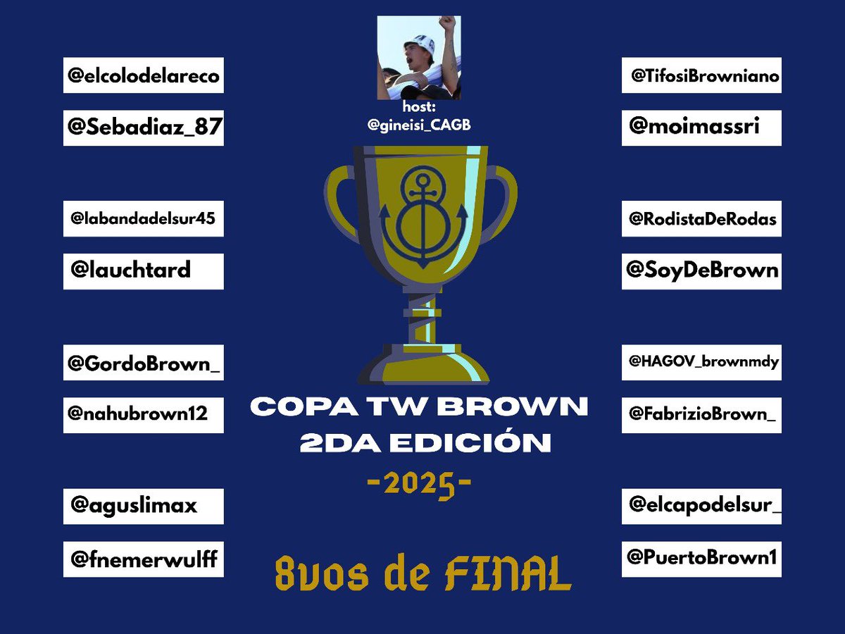 HOLA HOLA HOLA.

What time is it? ITS COPA BROWNIANA DE TWITTER TIME!!! 🤍💙

EN ESTE HILO, LA INFO NECESARIA Y LOS CRUCES DE OCTAVOS DE FINAL.

ESTO ARRANCA EL DÍA SABADO 14 A LAS 12 PM (el partido atravesará las votaciones)

LEER PARA TOOODA LA INFO 👇👇👇
