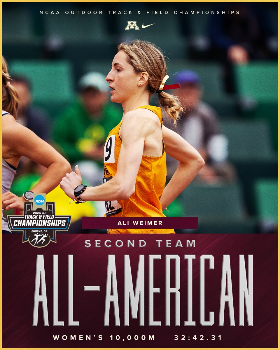 The first Gopher woman to go below 33 minutes in the 10K! 👏

Minnesota's own Ali Weimer earns Second Team All-America honors with a school-record 10K to finish 15th overall at Hayward Field