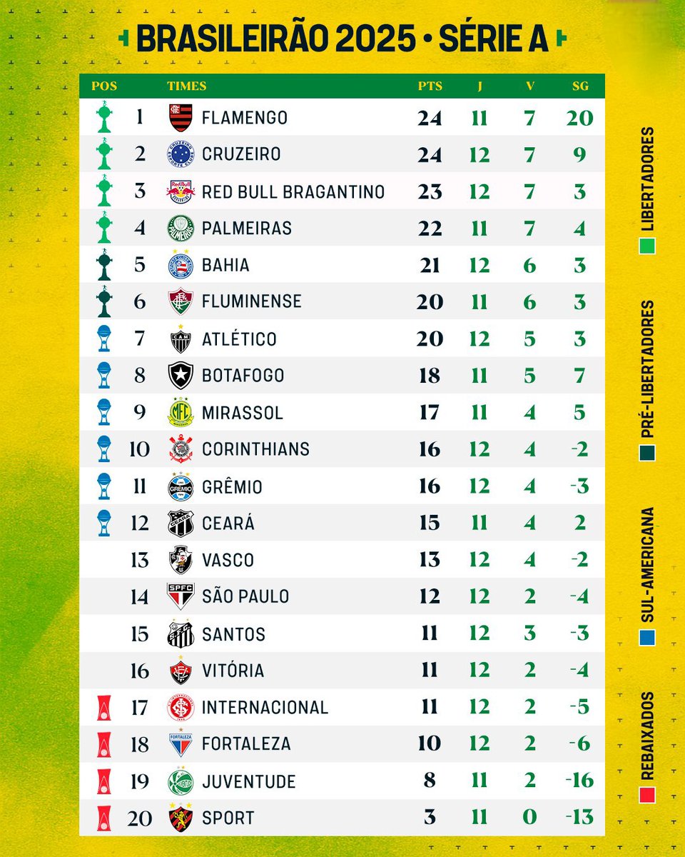 O Vasco da Gama termina a 12ª rodada do Brasileirão com 13 pontos na 13ª posição da competição. 

#Vasco 
#VascoDaGama 
#Brasileirão