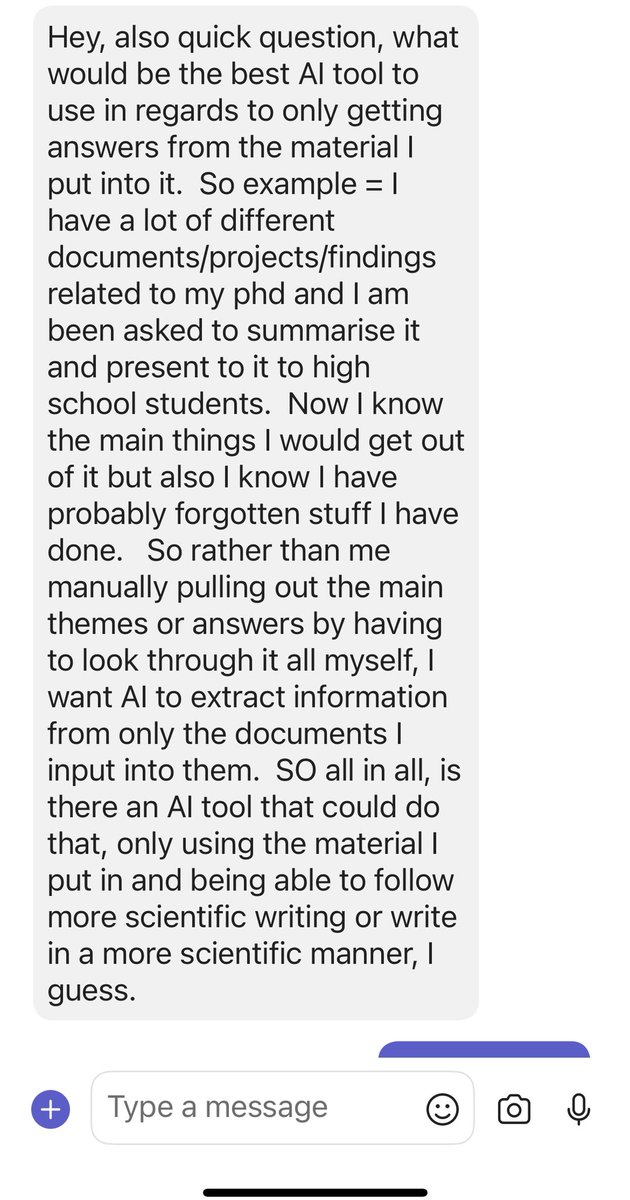 My colleague basically unknowingly described <a href="/NotebookLM/">NotebookLM</a>.

Answer: I told them to use Notebook LM.