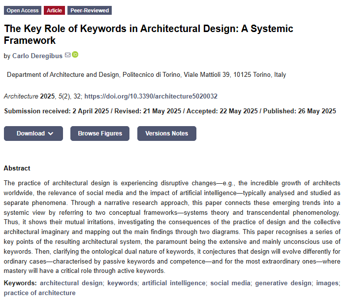 Architecture (@architect_mdpi) on Twitter photo #Callforreading
✍ Welcome to view our publication by CARLO DEREGIBUS from <a href="/PoliTOnews/">Politecnico di Torino</a> !
📚 The Key Role of #Keywords in #Architectural #Design: A Systemic Framework
👉 Full paper please view:
mdpi.com/2673-8945/5/2/… #Callforreading
✍ Welcome to view our publication by CARLO DEREGIBUS from <a href="/PoliTOnews/">Politecnico di Torino</a> !
📚 The Key Role of #Keywords in #Architectural #Design: A Systemic Framework
👉 Full paper please view:
mdpi.com/2673-8945/5/2/…