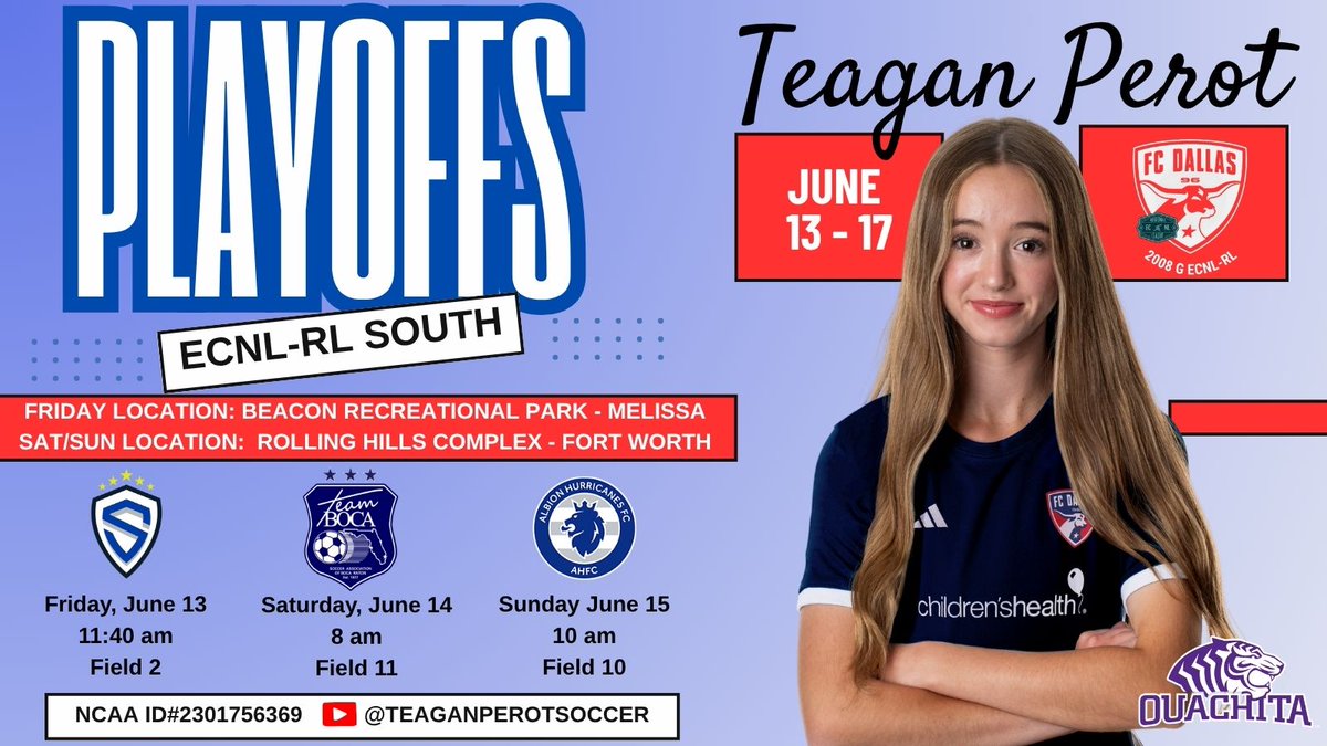 Looking forward to a fun weekend of ECNL RL regional playoff games! Come check out my talented team in these great match ups! 
#FCDallas #DTID @fcdgirlsecnl @ecnlgirls
