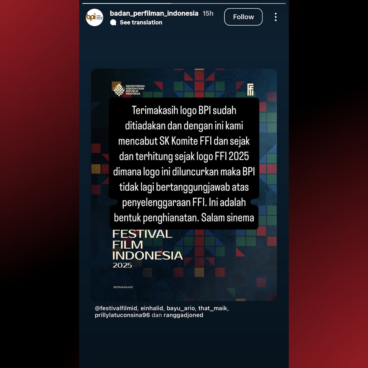 Badan Perfilman Indonesia slams Festival Film Indonesia for excluding their logo while announcing its exit from FFI 2025 in a new statement.