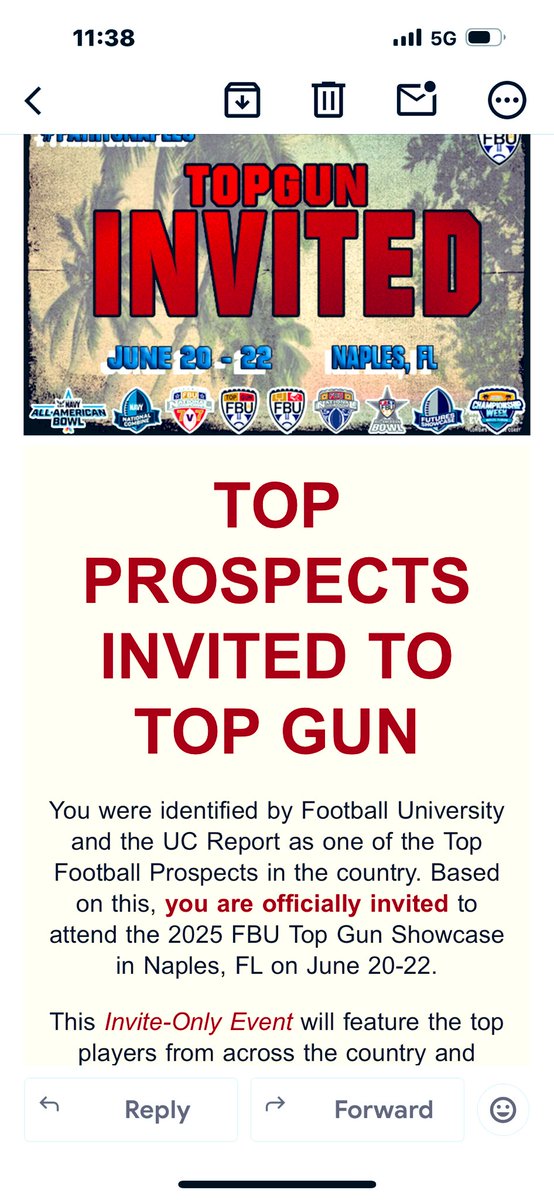 Grateful to have receive this invitation by <a href="/ErikRichardsUSA/">Erik Richards</a> to attend the 2025 Top Gun Prospect camp in Naples Florida. An incredible opportunity to be considered for the 
‘NAVY - ALL AMERICAN BOWL’. 
<a href="/TheUCReport/">Billy Tucker</a> 
<a href="/espn300/">Mitchell Keller</a>