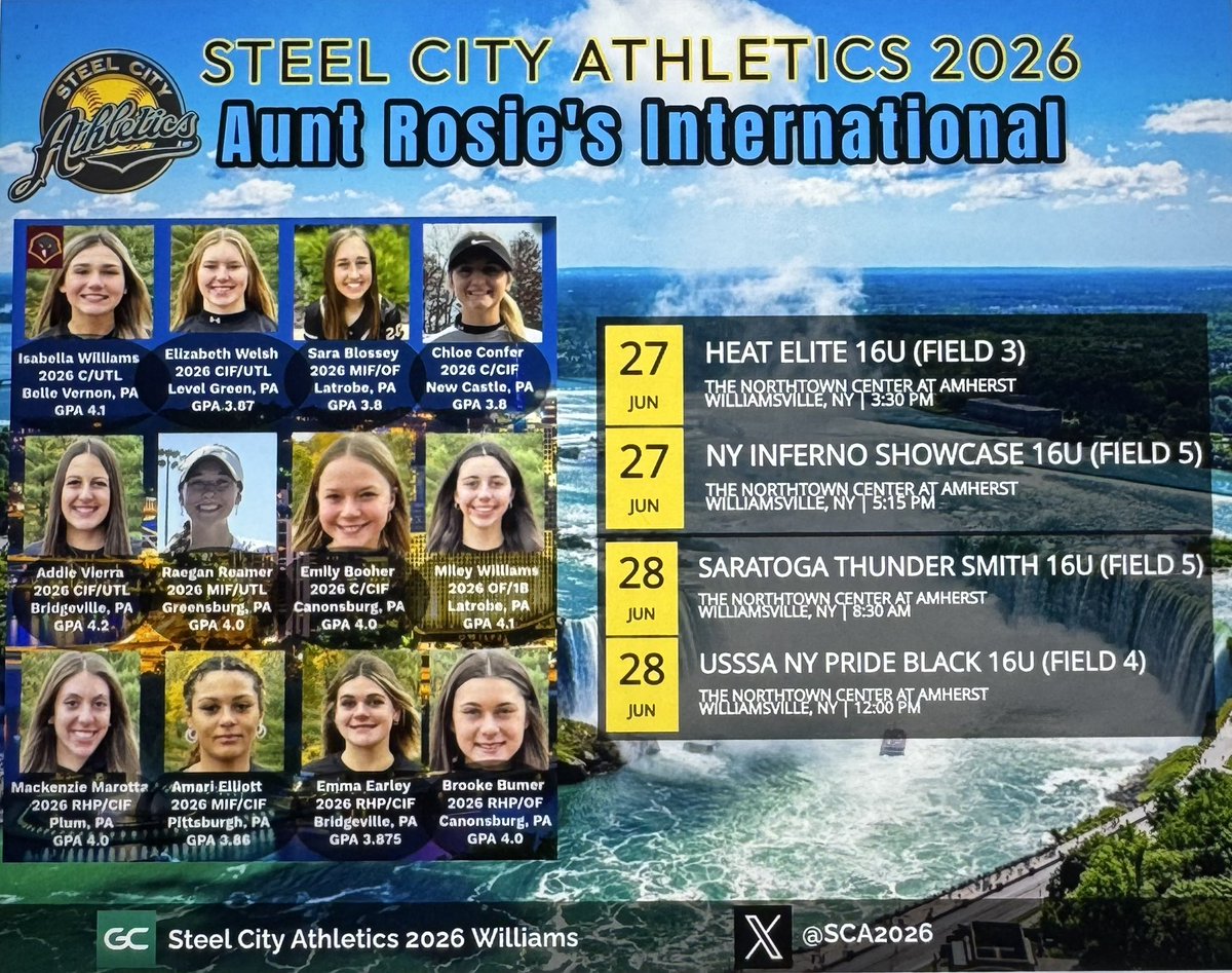 Steel City Athletics 2026 (@sca2026) on Twitter photo Excited to have our talented 2026βs competing in Aunt Rosieβs 16U International Showcase for the first time the end of this month.
<a href="/lkrmyers/">Aunt Rosie's Tournament</a> #NewYork #Showcase Excited to have our talented 2026βs competing in Aunt Rosieβs 16U International Showcase for the first time the end of this month.
<a href="/lkrmyers/">Aunt Rosie's Tournament</a> #NewYork #Showcase