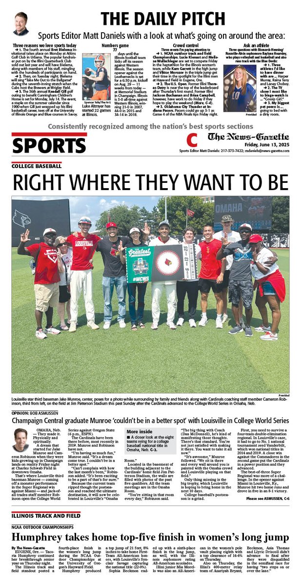 News-Gazette Preps (@ngpreps) on Twitter photo Friday's N-G sports cover features <a href="/BobAsmussen/">Bob Asmussen</a> checking in with <a href="/maroonathletics/">Champaign Maroons</a> alums Jake Munroe and Cameron Robinson ahead of <a href="/LouisvilleBSB/">Louisville Baseball</a> playing in College World Series, plus <a href="/mdaniels_NG/">Matt Daniels</a>'s Daily Pitch.
<a href="/APSE_sportmedia/">APSE</a>
<a href="/ngphotostaff/">News-Gazette Photo</a> Friday's N-G sports cover features <a href="/BobAsmussen/">Bob Asmussen</a> checking in with <a href="/maroonathletics/">Champaign Maroons</a> alums Jake Munroe and Cameron Robinson ahead of <a href="/LouisvilleBSB/">Louisville Baseball</a> playing in College World Series, plus <a href="/mdaniels_NG/">Matt Daniels</a>'s Daily Pitch.
<a href="/APSE_sportmedia/">APSE</a>
<a href="/ngphotostaff/">News-Gazette Photo</a>
