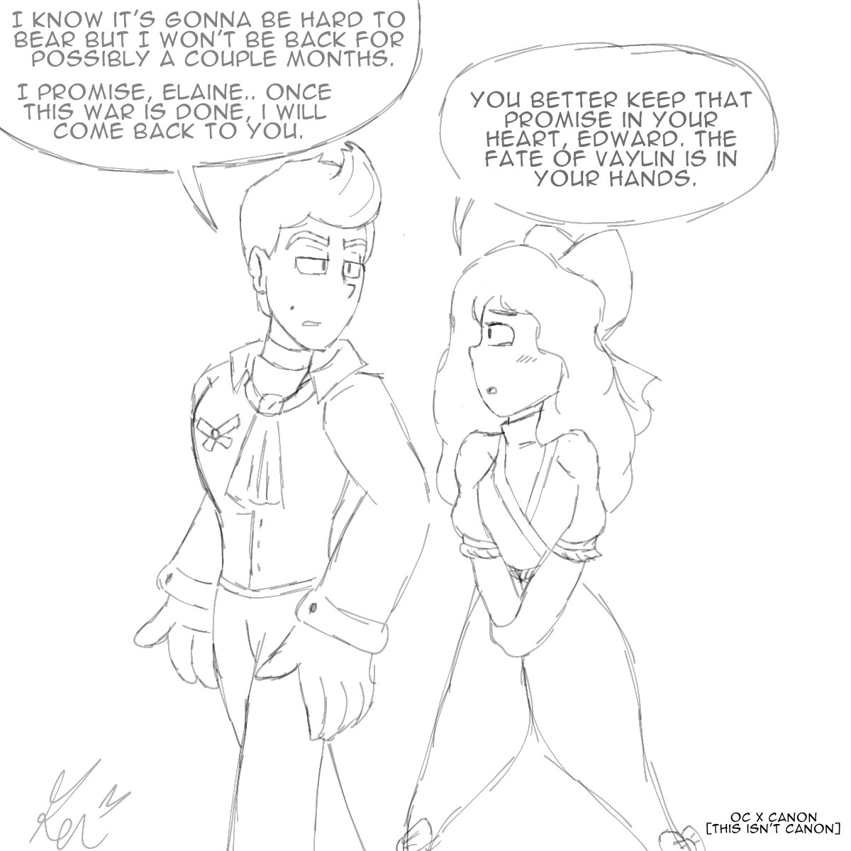 I have a Faroff OC.
Her name is Elaine. She's the youngest child of four brothers. She ran away at adult age to join the army under the name Emmett.
[Yes, I did an OC X Canon drawing of her and Edward; I can explain]
--
Edward Hawkfordt and Faroff belong to <a href="/LennonRook/">☀️Lennon@Read Faroff on Webtoon and Tapas!</a>