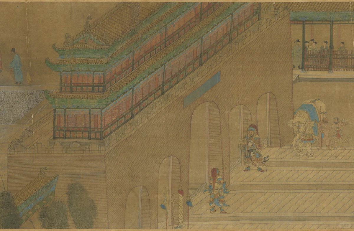 Illustration of Ming Dynasty Imperial guards(觀榜圖) by specialised Gongbi technique painter Qiu Ying(仇英)