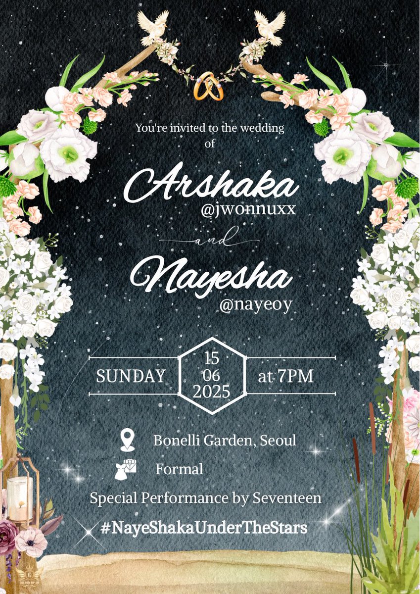 GOLDEN_RPEO's tweet photo. ㅤㅤㅤ──❝ 𝐒𝐀𝐕𝐄 𝐓𝐇𝐄 𝐃𝐀𝐓𝐄 ❞──

ㅤㅤ💍:  @jwonnuxx &amp; @nayeoy 
ㅤㅤ🗓: 15 Juni 2025
ㅤㅤ🕖: 19.00
ㅤㅤ📍: Bonelli Garden, Seoul 
ㅤㅤ👗: Formal
ㅤㅤ#️⃣: #NayeShakaUnderTheStars https://t.co/wqZoiGFwrV