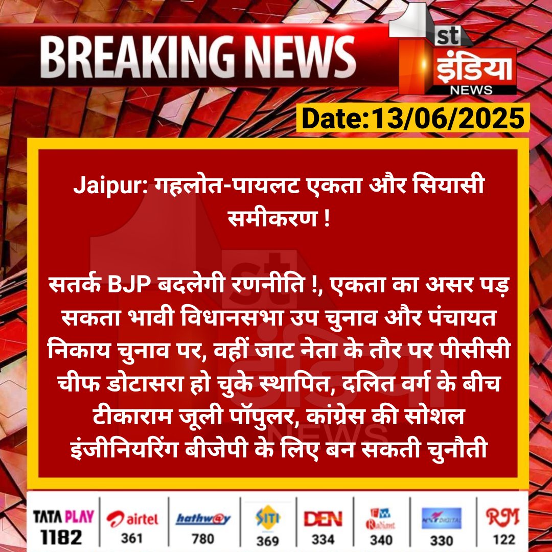First India News (@1stindianews) on Twitter photo #Jaipur: गहलोत-पायलट एकता और सियासी समीकरण !
सतर्क BJP बदलेगी रणनीति !, एकता का असर पड़ सकता भावी विधानसभा उप चुनाव और पंचायत निकाय चुनाव पर....
#RajasthanWithFirstIndia <a href="/SachinPilot/">Sachin Pilot</a> <a href="/ashokgehlot51/">Ashok Gehlot</a> <a href="/INCRajasthan/">Rajasthan PCC</a> <a href="/yogesh2727sh1/">Yogesh Sharma</a> #Jaipur: गहलोत-पायलट एकता और सियासी समीकरण !
सतर्क BJP बदलेगी रणनीति !, एकता का असर पड़ सकता भावी विधानसभा उप चुनाव और पंचायत निकाय चुनाव पर....
#RajasthanWithFirstIndia <a href="/SachinPilot/">Sachin Pilot</a> <a href="/ashokgehlot51/">Ashok Gehlot</a> <a href="/INCRajasthan/">Rajasthan PCC</a> <a href="/yogesh2727sh1/">Yogesh Sharma</a>