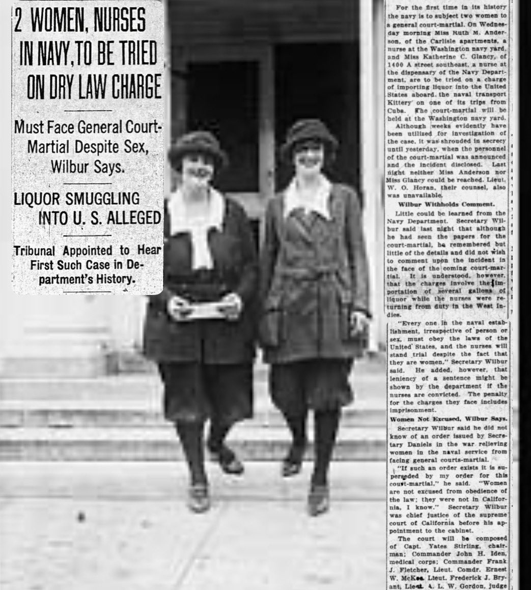 petulad's tweet image. June 13, 1925 - Two Navy nurses faced court martial #100yearsago for smuggling booze on a ship from Cuba. Equal treatment, the Navy said, no special treatment because of their gender. #retropolis