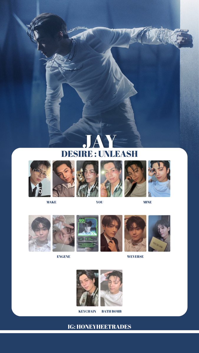 have : jake heeseung sunoo jungwon ni-ki pcs
 ↳ mint condi . onhand
want : jay counterpart pcs

📍 metro manila

🏷️ # wtt lft ph enhypen desire unleash