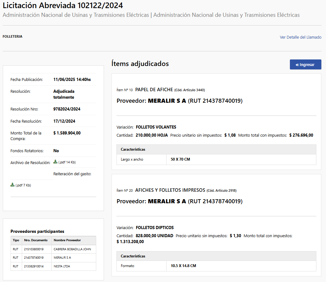 UTE gastó 1.6 Millones de pesos en la compra de más de 1 Millón de Folletos y Afiches de papel.

En el 17/12/2024 se propuso esta compra, la cual no se realizó por falta de presupuesto. Sin embargo el 12/02/2025 se insistió a realizar el gasto por considerarse "necesaria a los
