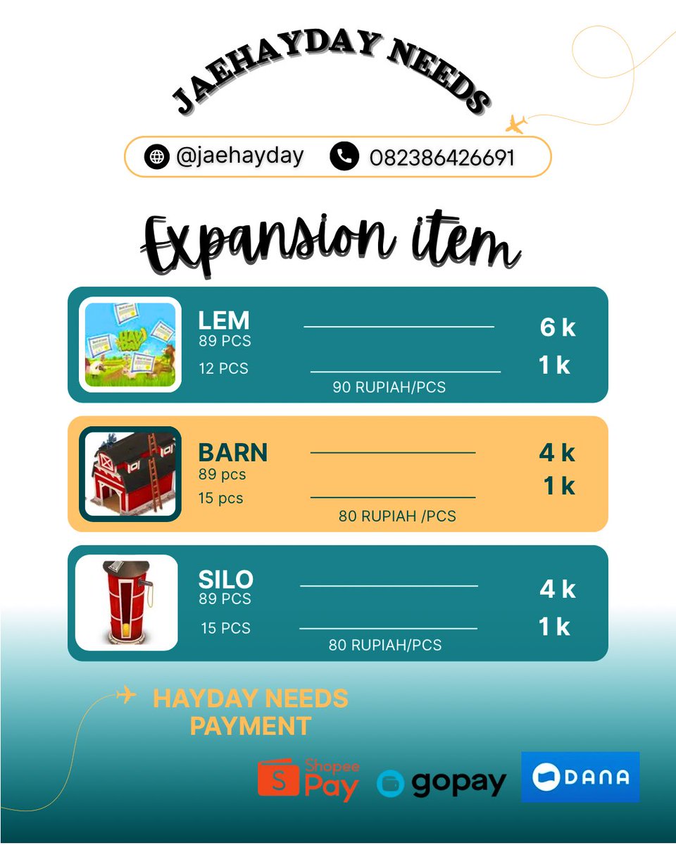 JAEHAYDAY's tweet image. 🍒New Pricelist 𝙹𝙰𝙴𝙷𝙰𝚈𝙳𝙰𝚈 🍒
Hayday Needs :
Ready Coin HayDay, alat  BEM/ Lumbung, SEM/Silo, LEM/Perluasan Lahan, Badas,  Altam dan Albeg yaa Farmers Chinggu👩🏻‍🌾

#seller #wts 
Hayday #zonauang️