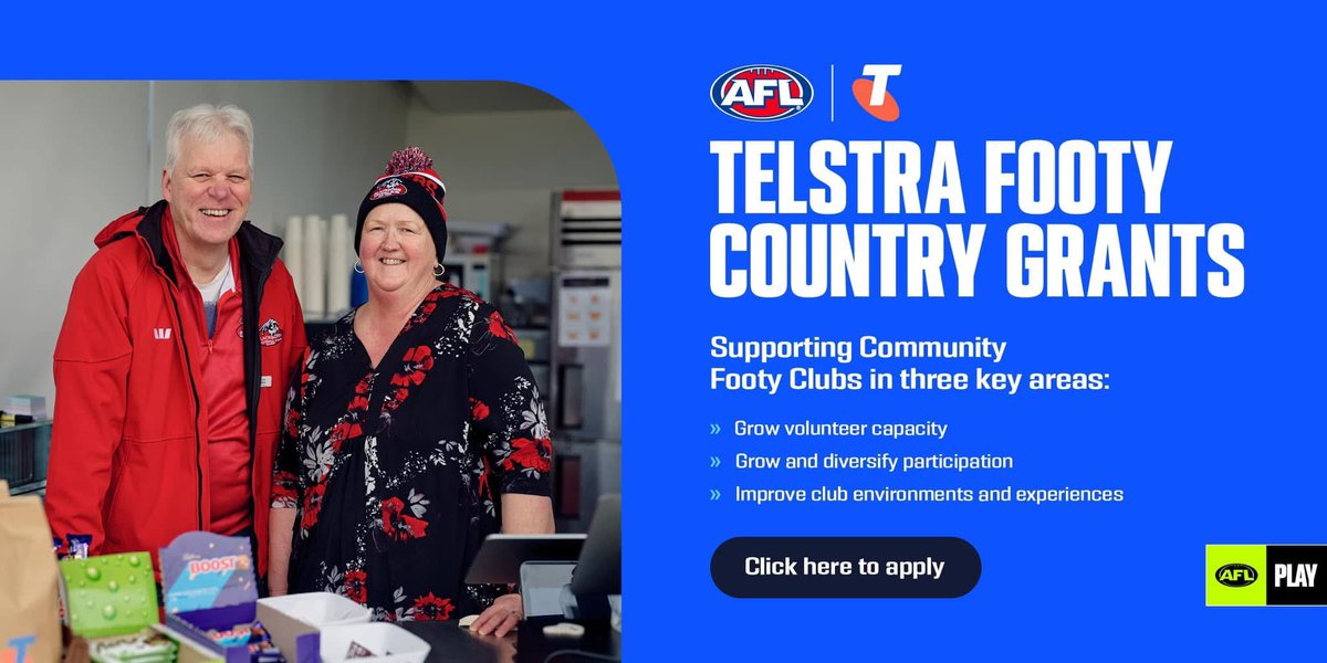 Applications are still open for the latest round of the Telstra Footy Country Grants, and with funding available for a wide range of products and services, there’s sure to be something that could help your club!

Find out what you could gain and apply now: play.afl/clubhelp/footy…