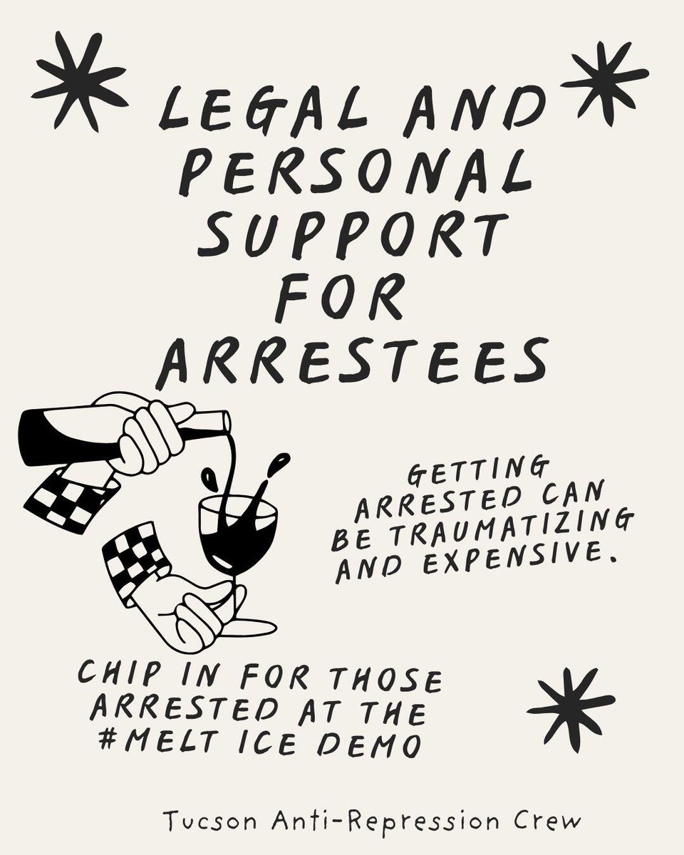 g_abe0's tweet image. there's a fundraiser going to support comrades arrested in Tucson for resisting ICE. please share and donate! 🧊🔥🏴
givebutter.com/GvEM0H