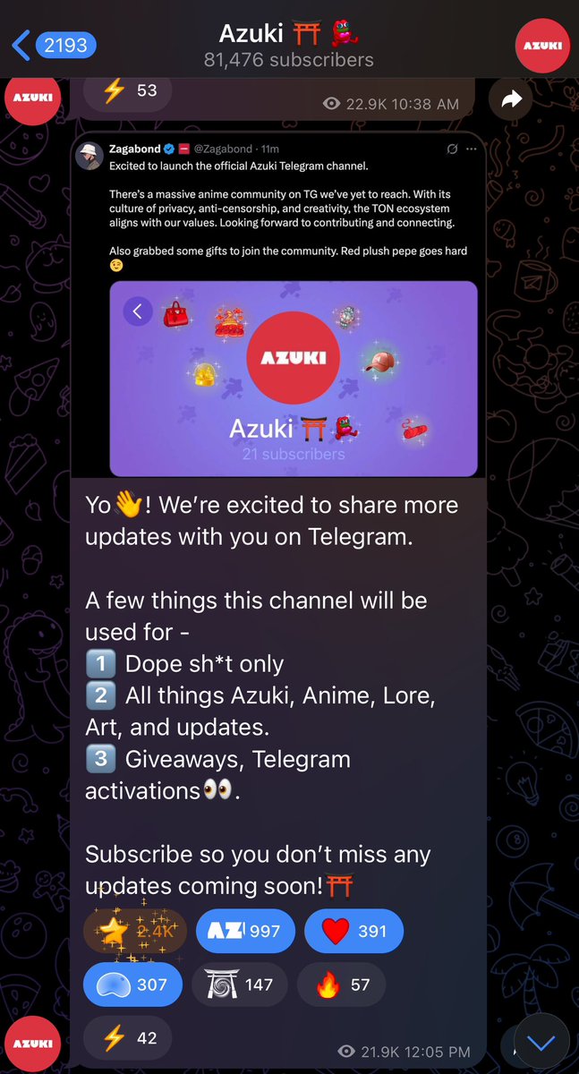RiceRiddler's tweet image. Incredible how in just 2 short days, our @Azuki telegram channel has grown to over 80,000 subscribers. 

Tens of thousands of participants from the @telegram and @ton_blockchain ecosystems have just been exposed to the Azuki brand and IP- more telegram activations soon to slowly…