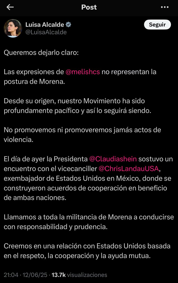El Jefa𝕏o (@eijefediego) on Twitter photo Básicamente <a href="/LuisaAlcalde/">Luisa Alcalde</a> le acaba de decir a su militancia:
1. No hagan pendejadas.
2. Si las hacen, están solos.
3. No se metan sus Visas Americanas por el culo.
4. Si lo hacen, no embarren a los demás.
Fin del comunicado. Básicamente <a href="/LuisaAlcalde/">Luisa Alcalde</a> le acaba de decir a su militancia:
1. No hagan pendejadas.
2. Si las hacen, están solos.
3. No se metan sus Visas Americanas por el culo.
4. Si lo hacen, no embarren a los demás.
Fin del comunicado.