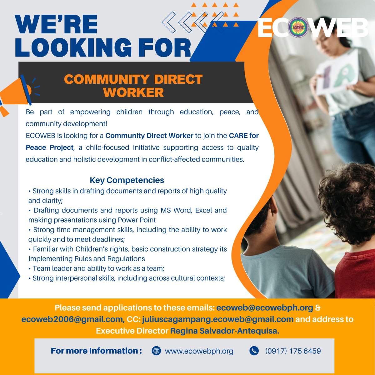 📢 We're hiring! ECOWEB is looking for a Community Direct Worker for our CARE for Peace Project. Passionate about child rights, education &amp; community dev’t?

Click here to read the full Terms of Reference and application details: ecowebph.org/ecoweb-call-fo…